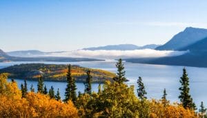 fall coloured leaves, still water, low clouds, in the base of a mountain landscape